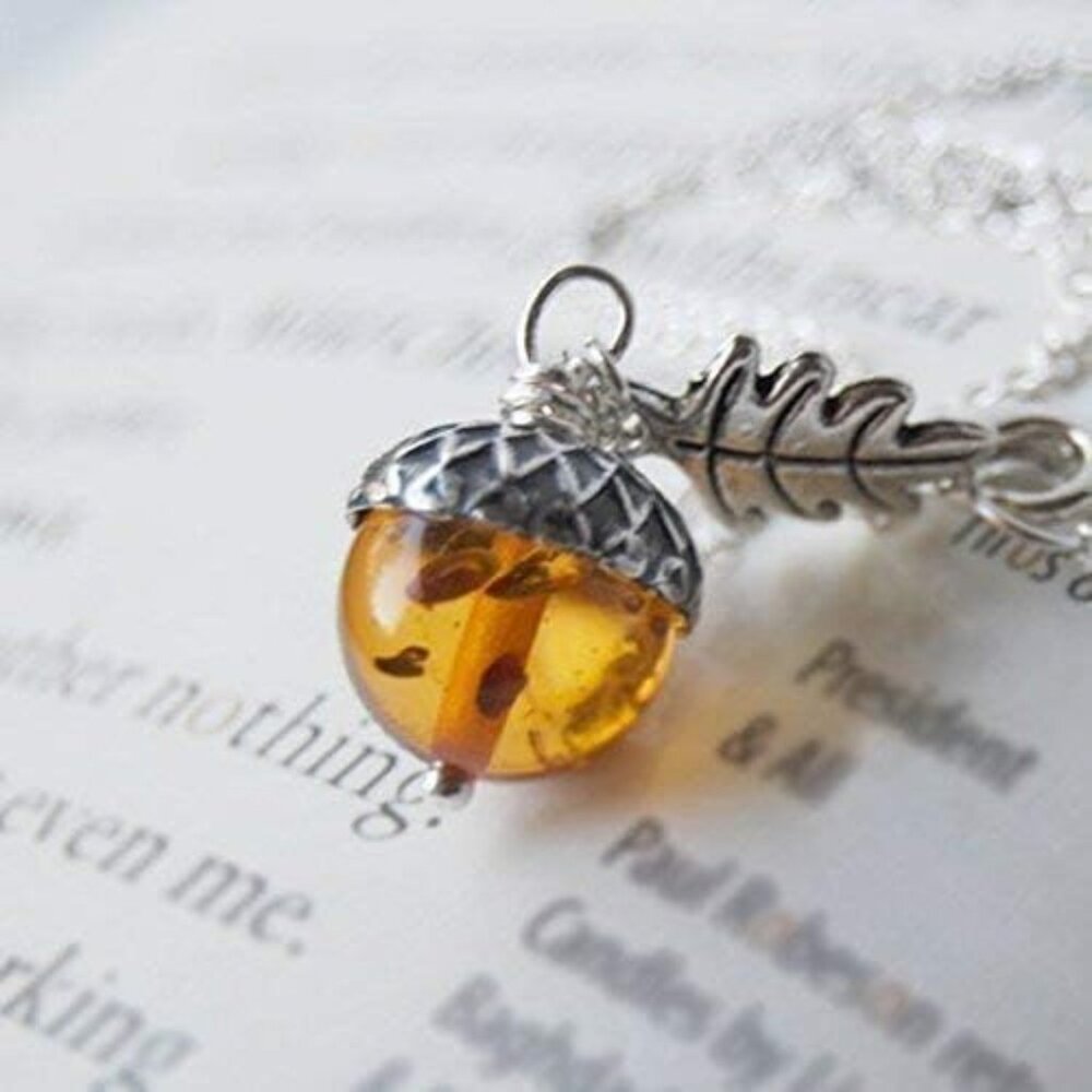 Orange and Silver Acorn Necklace - Fall Orange Acorn Pendant- Cute Nature Charm - Picture 4 of 9